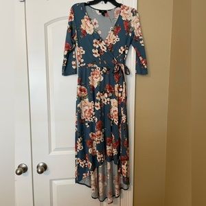 Blue Floral High Low Wrap Dress